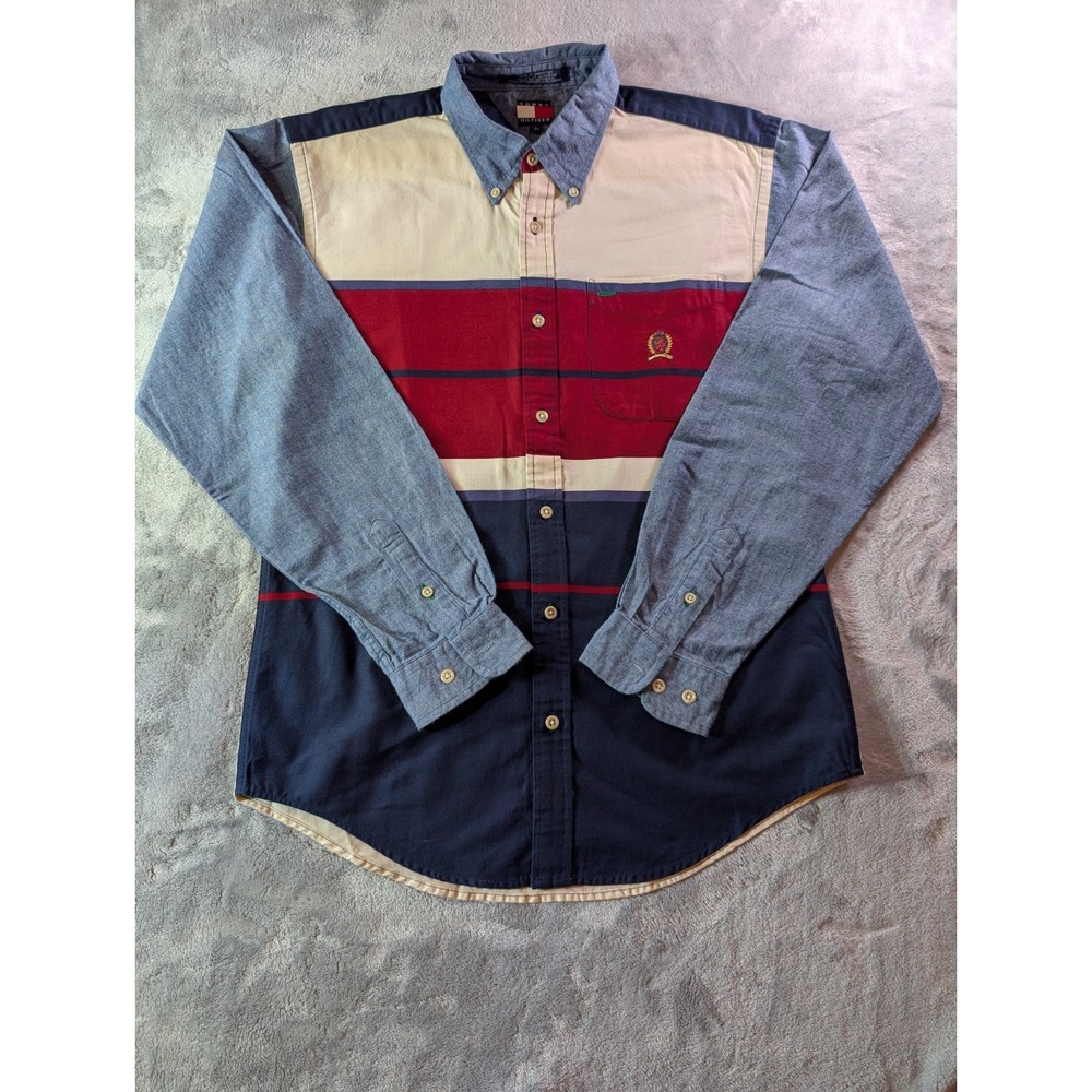 Vintage Tommy Hilfiger Shirt Mens Large Blue Red Striped Button Up Adult 90s